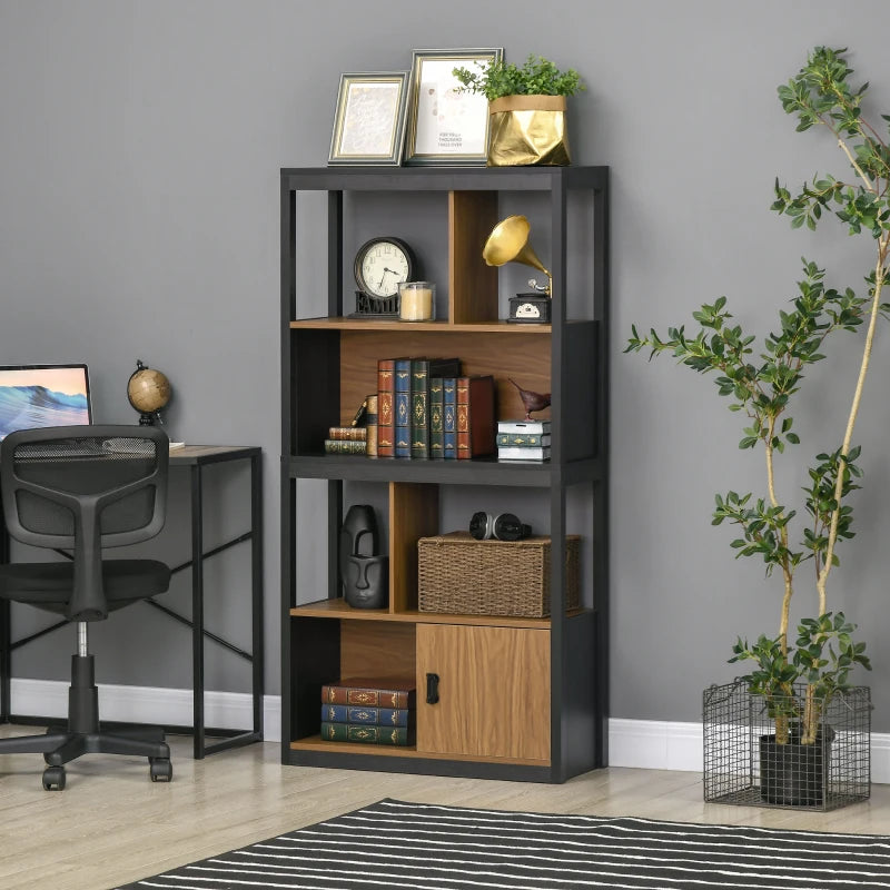 Modern Walnut Brown 4-Tier Bookshelf with Storage Cabinet