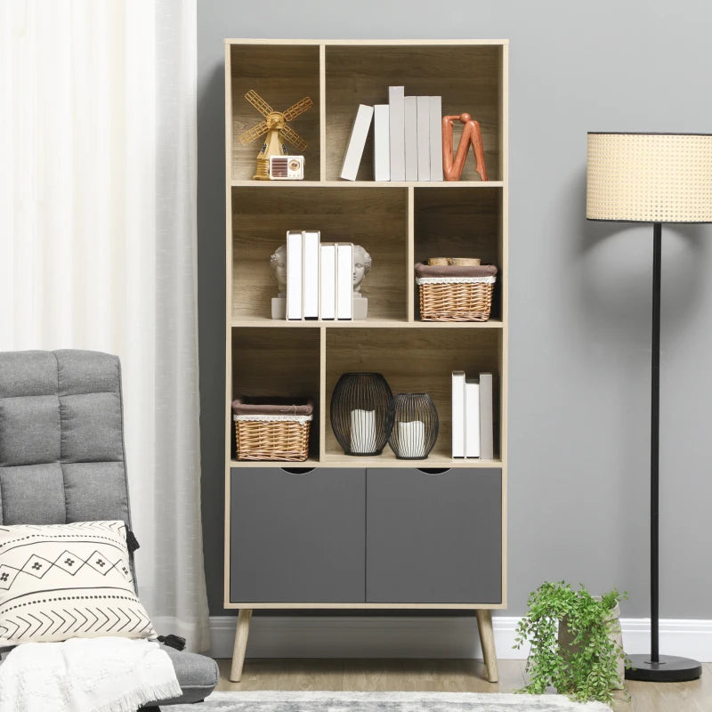 Modern Bookcase with Bottom Cabinet and 6 Open Shelves, Natural & Dark Grey