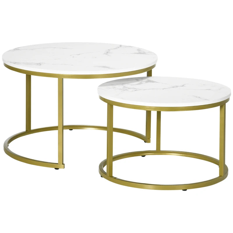 White Marble Nesting Side Tables Set, Modern Metal Frame, Living Room Furniture