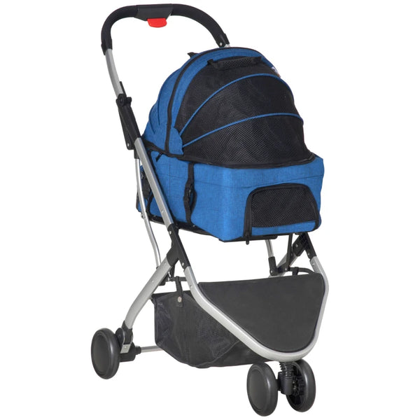 Foldable Dark Blue Pet Stroller with Canopy & Storage