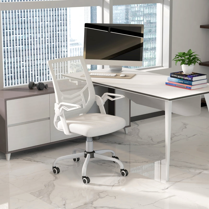 White Mesh Office Chair with Flip-up Armrests and Lumbar Support