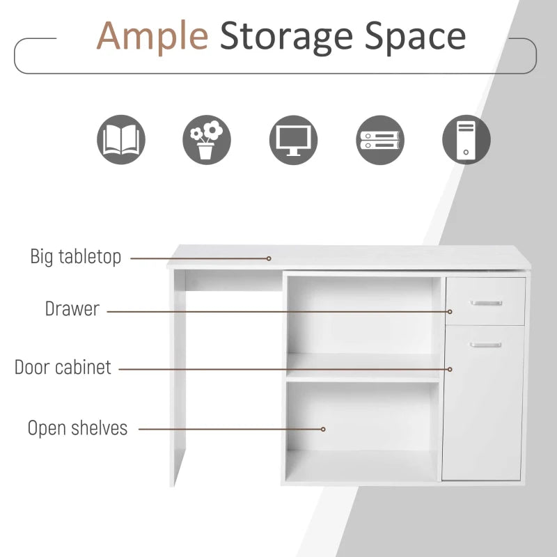 White L-Shaped Computer Desk with Storage Shelf and Drawer