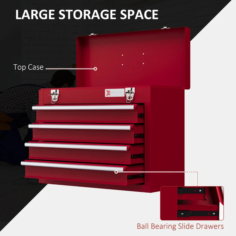 Red 4-Drawer Lockable Metal Tool Box with Handle and Ball Bearing Runners