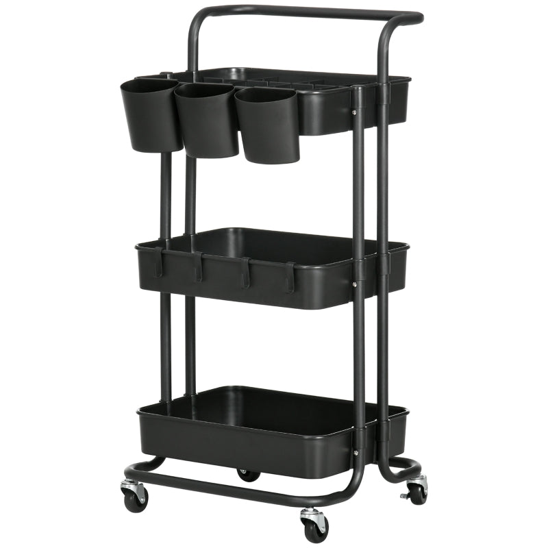 Black 3 Tier Utility Rolling Cart with Baskets and Hooks