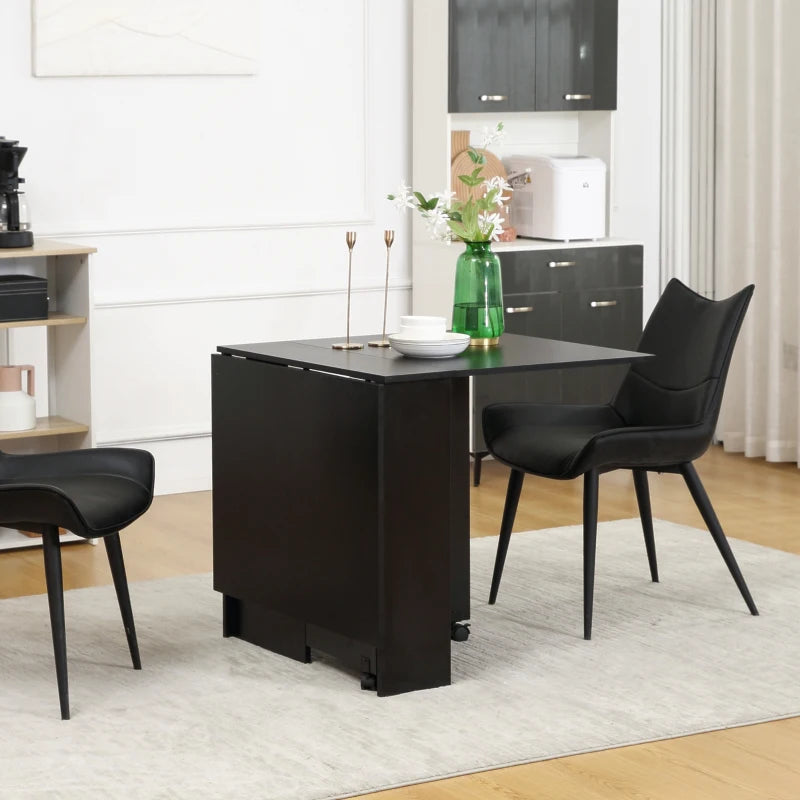 Foldable Extendable Dining Table with Shelves and Casters - Black