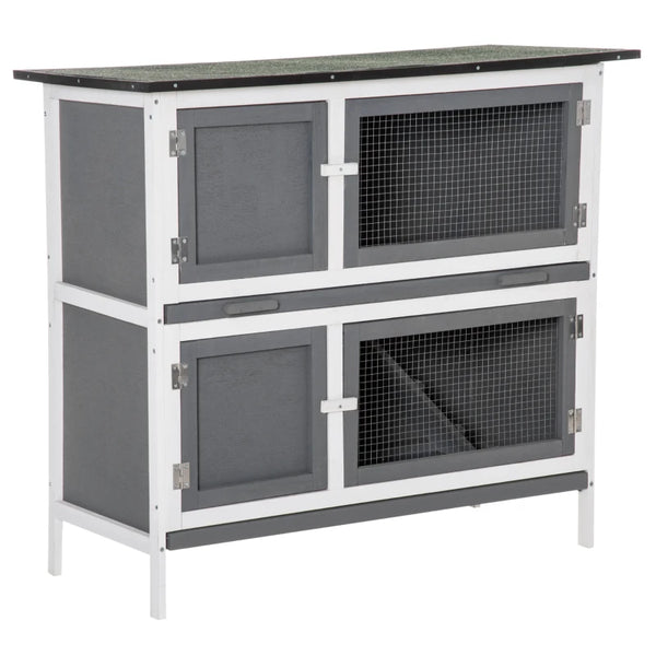 Grey 2 Tier Rabbit Hutch with Sliding Tray & Ramp, 100x47x91cm