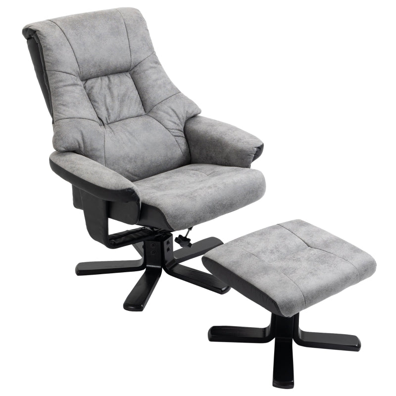 Grey Fabric Swivel Recliner Armchair Set with Footstool