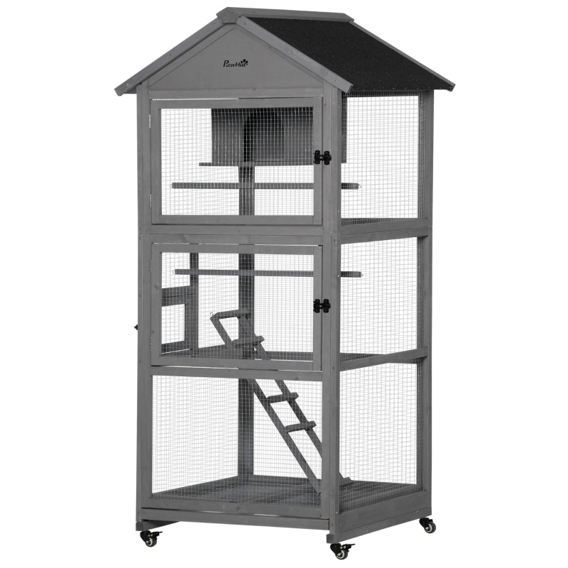 Mobile Wooden Bird Aviary Cage for Small Birds - Dark Grey