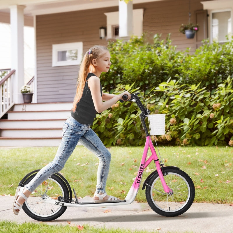 Pink Kids Scooter with Adjustable Handlebar, 2 Brakes, Basket, Cupholder, Mudguard, 16" Inflatable Tyres