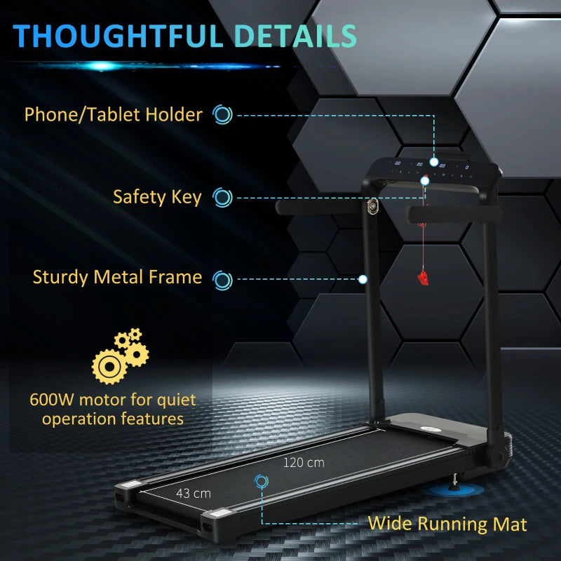 Compact Black Folding Treadmill, 1.85HP, 12KM/H Speed, LED Display