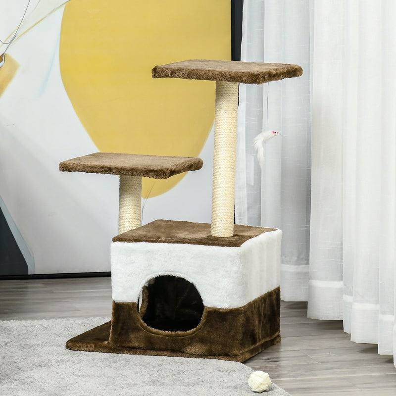 Brown Cat Tree Tower with Scratching Posts and Interactive Toy, 45 x 33 x 70 cm