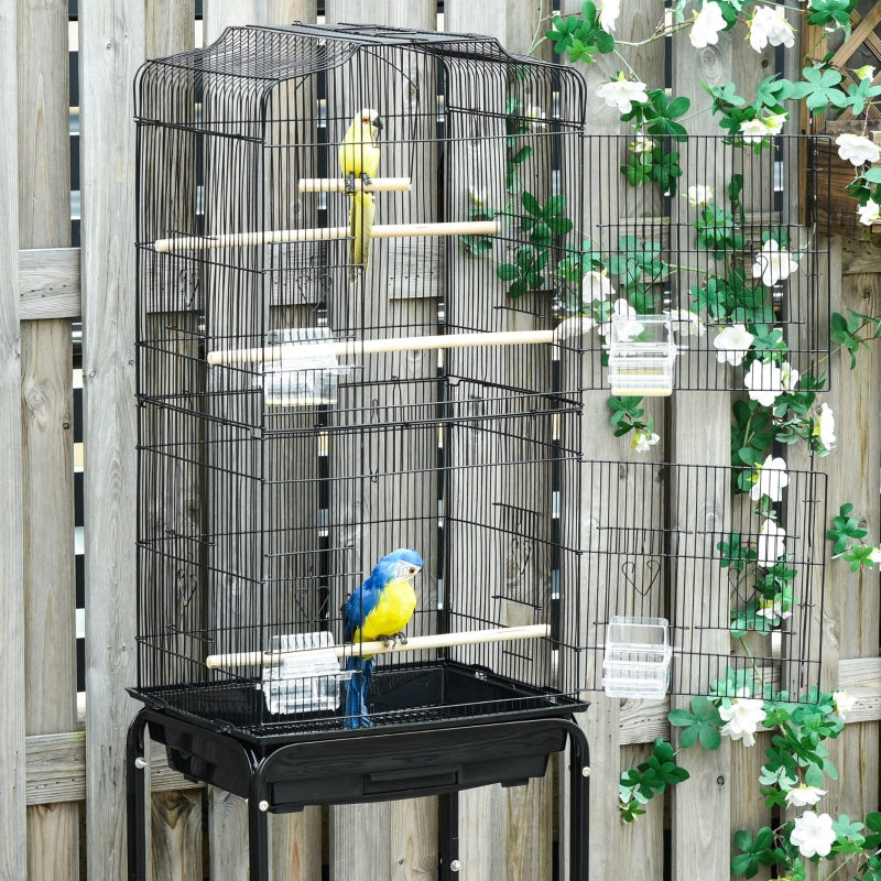 Black Bird Cage with Stand and Accessories, 46.5 x 36 x 157 cm