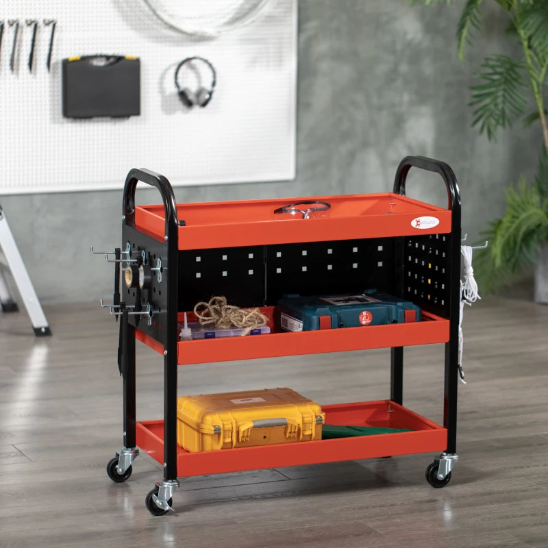 Red 3 Tier Tool Cart Storage Trolley with 10 Hooks - 100 kg Capacity