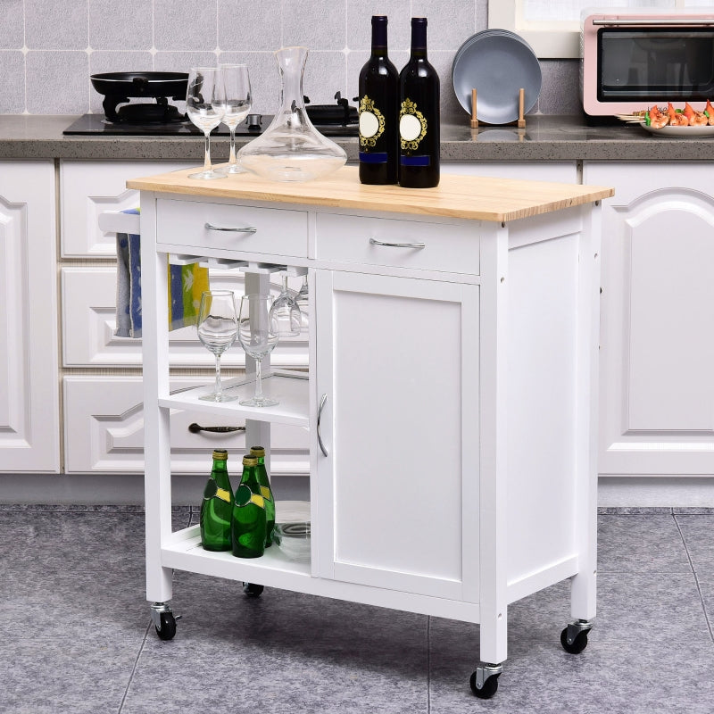 White Kitchen Storage Trolley Cart with Drawers and Wine Glass Rack