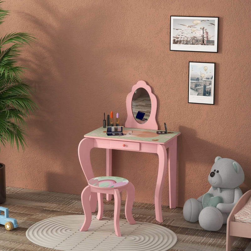 Kids Pink Dressing Table Set with Mirror, Stool, Drawer - Cute Animal Design