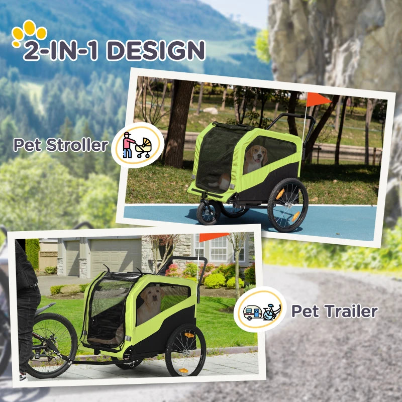 Green Dog Bike Trailer for Large Dogs, 2-in-1 Pet Stroller with Hitch