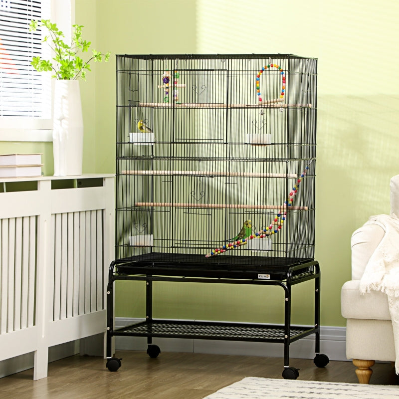 Black Steel Budgie Cage with Stand & Toys - 133cm High