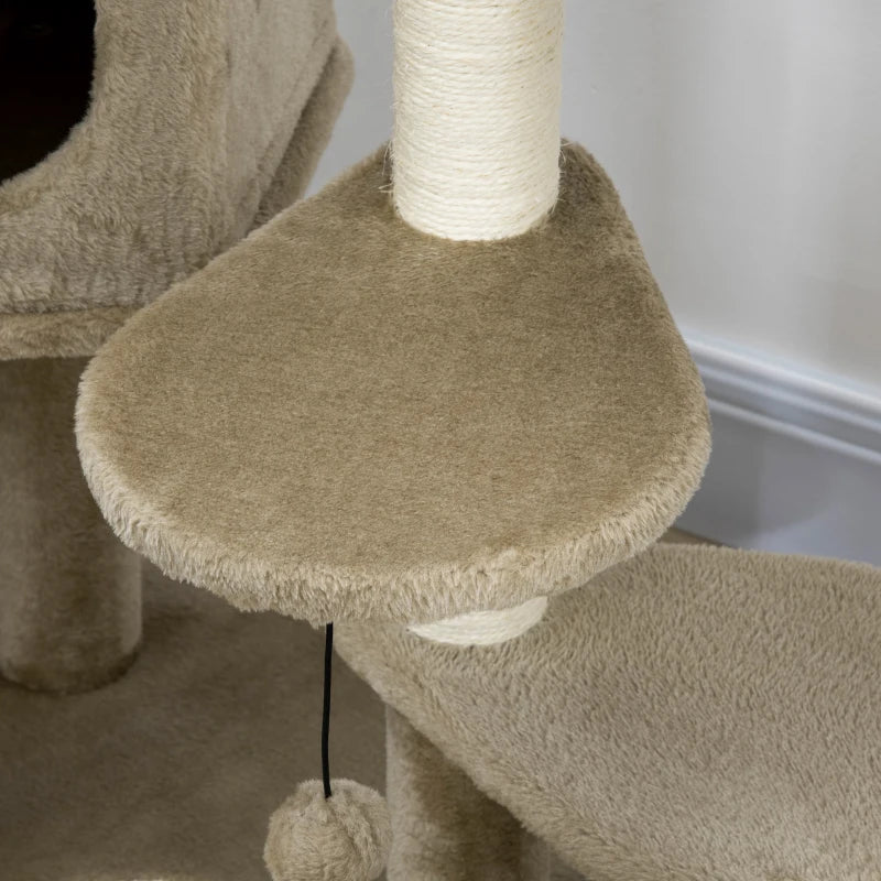 Brown Cat Tree with Multiple Levels, House, Bed & Toy Ball