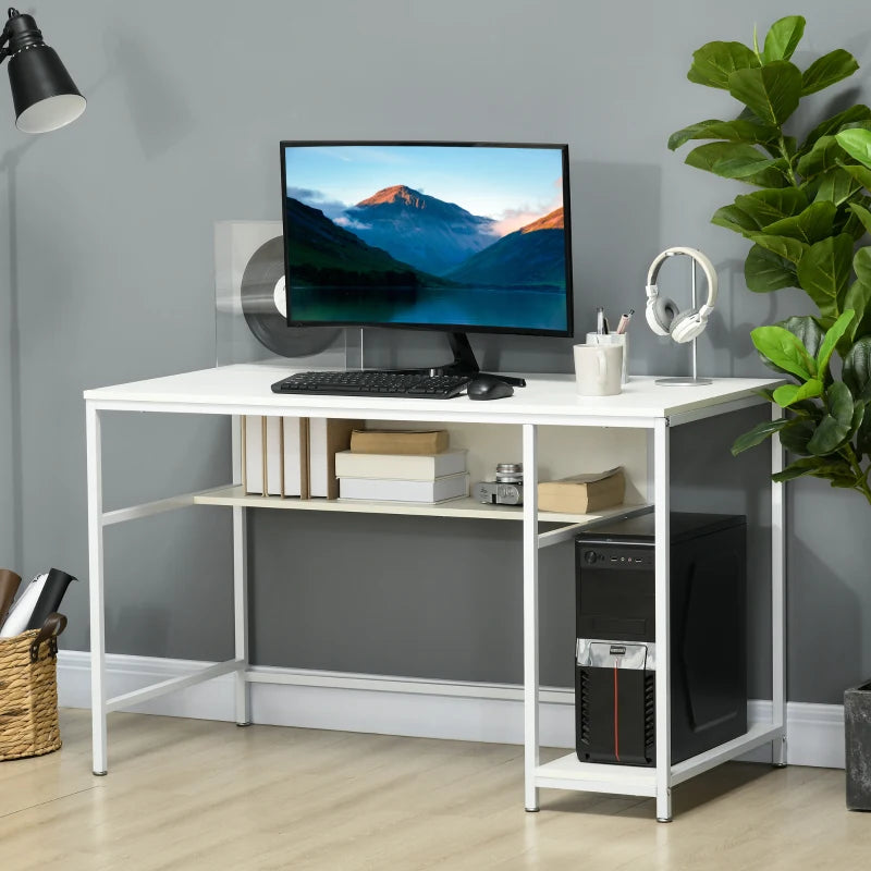 White Home Office Desk with Storage, 120 x 60cm, 2 Shelves, Steel Frame