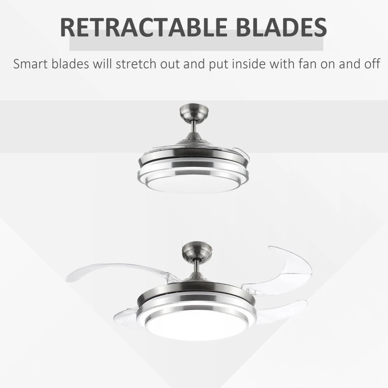 Modern White Ceiling Fan with Retractable Blades and Dimmable LED Light