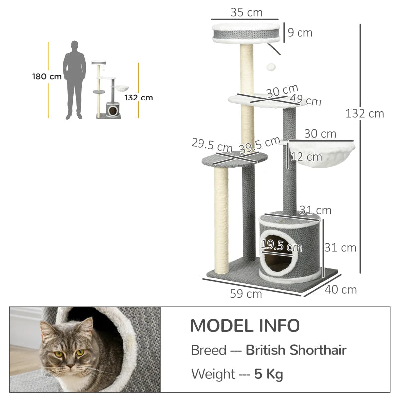 Grey Cat Climbing Tower with Scratching Posts, 132cm