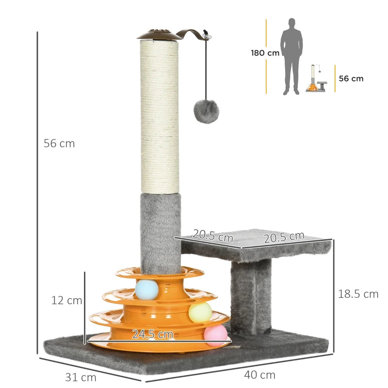 Grey 56cm Cat Tree Tower with Scratching Posts and Toy Ball