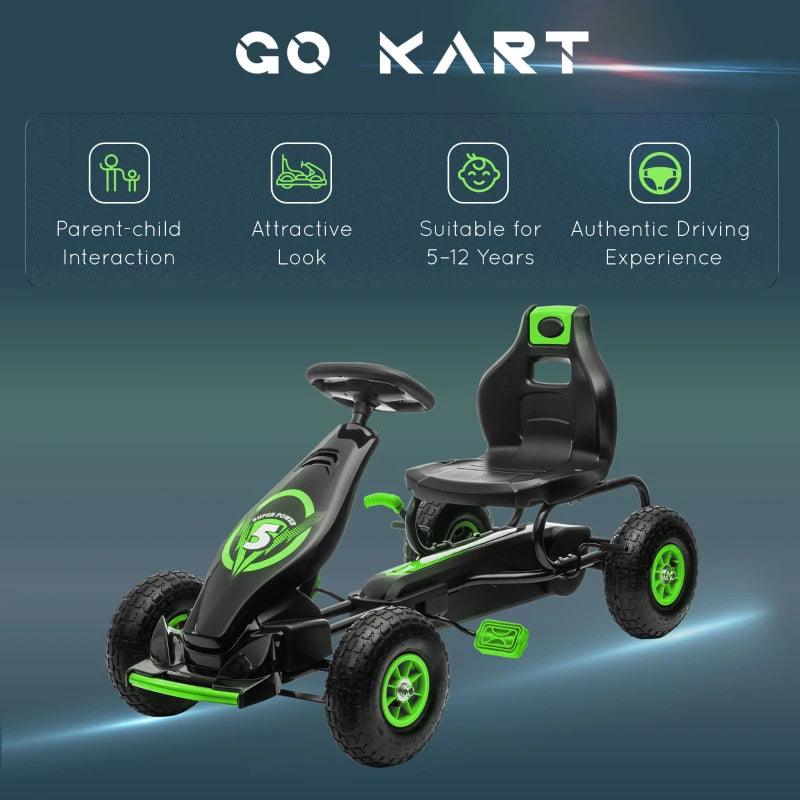 Green Kids Pedal Go Kart with Adjustable Seat and Inflatable Tyres