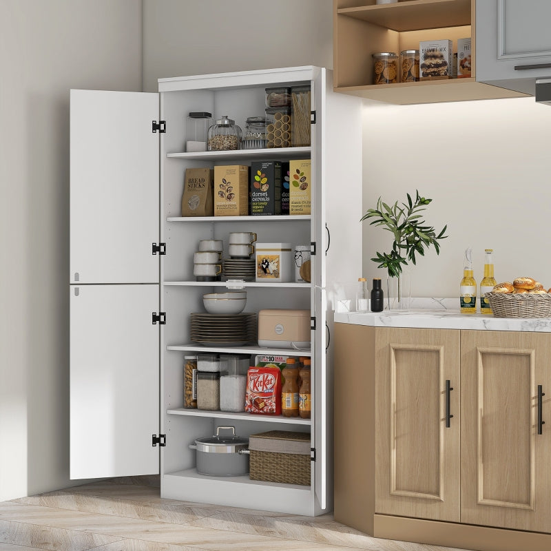 White 4-Door Tall Kitchen Cupboard with 6-Tier Storage