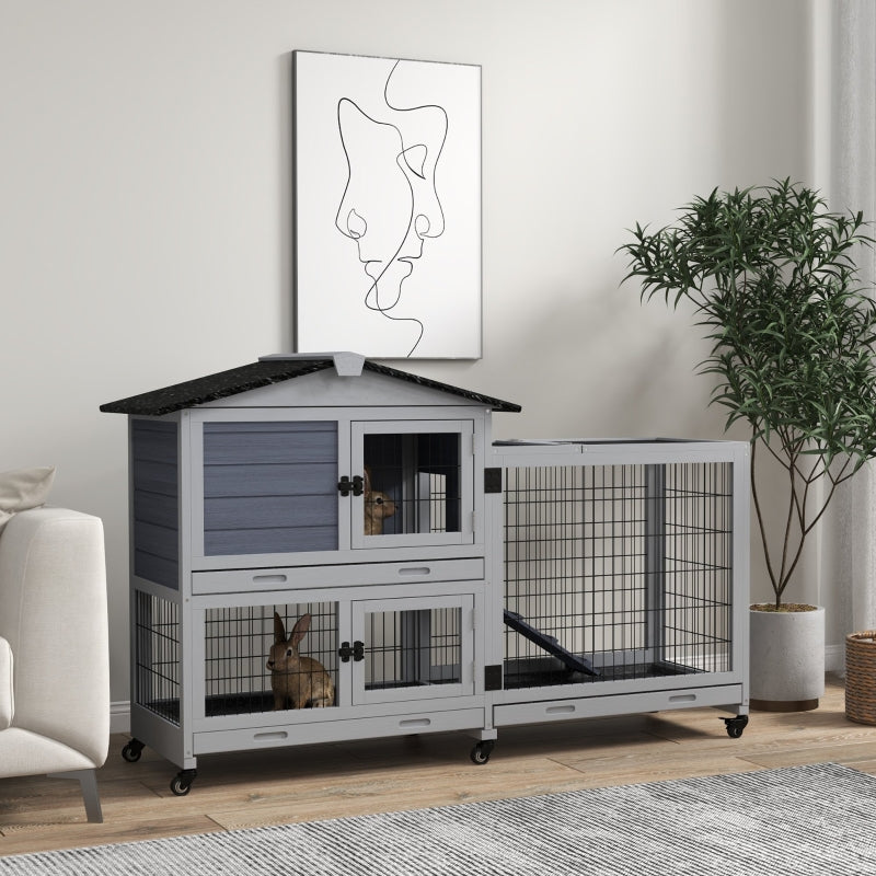 Grey Portable Rabbit Cage with Run, Wheels, Ramp - Indoor/Outdoor