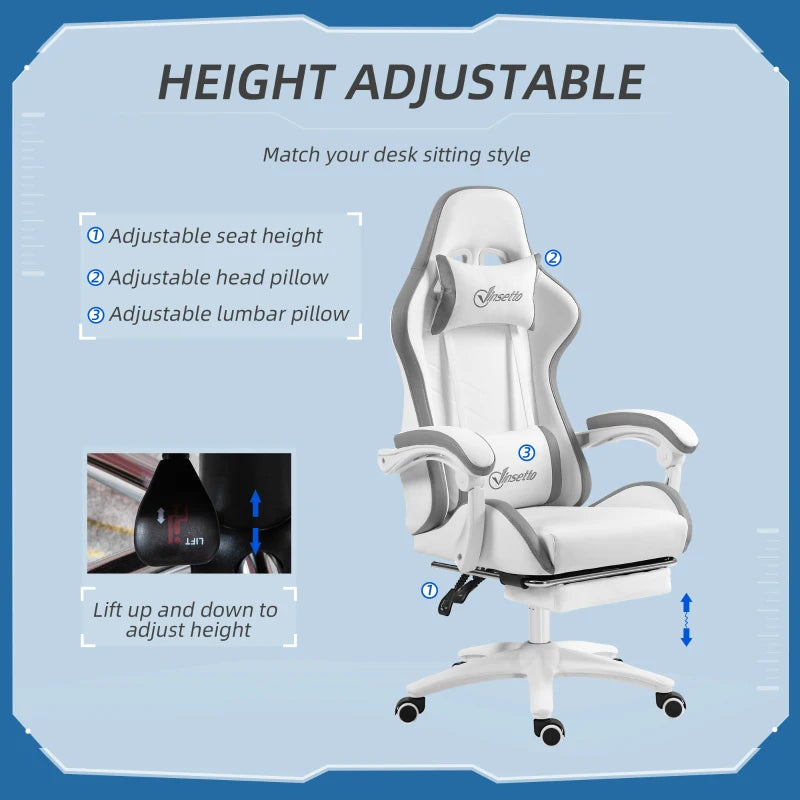 White & Grey Racing Gaming Chair with Footrest and Swivel Seat