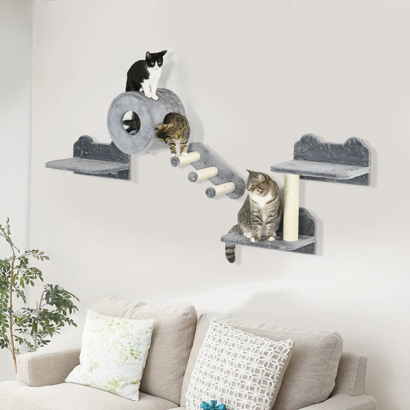 Grey Wall-Mounted Cat Tree with Steps, Perch, Cat House - 4PCs