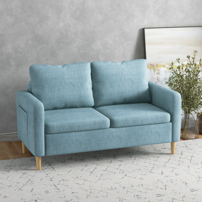 Blue Fabric Two Seater Sofa with Wood Legs and Pockets