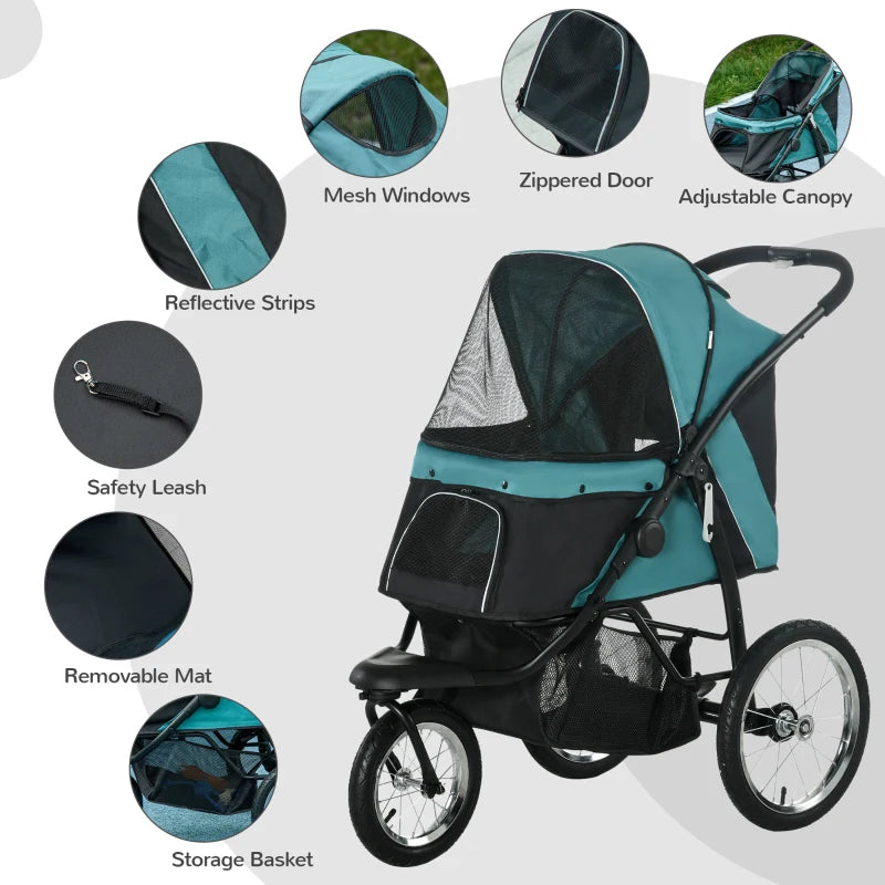 Green Foldable Pet Stroller with Canopy for Small and Medium Dogs