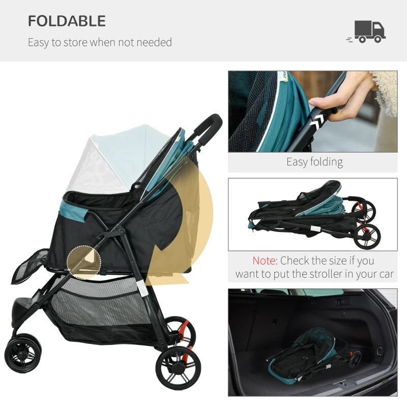 Foldable Pet Stroller with Rain Cover - Dark Green, XS/S Dogs