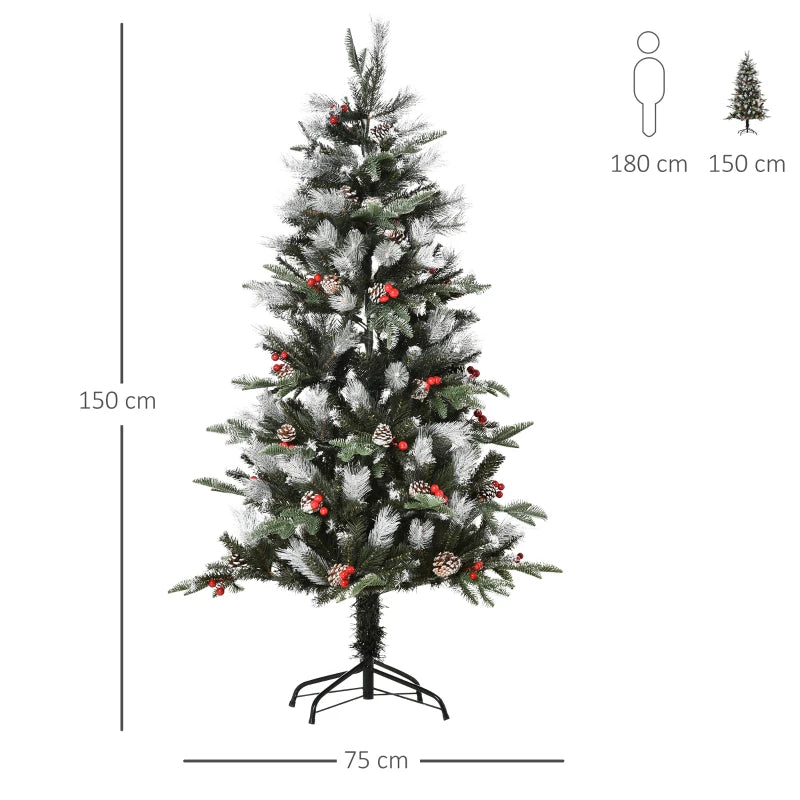 5FT Snow-Dipped Christmas Pencil Tree - Red Berries & White Pinecones