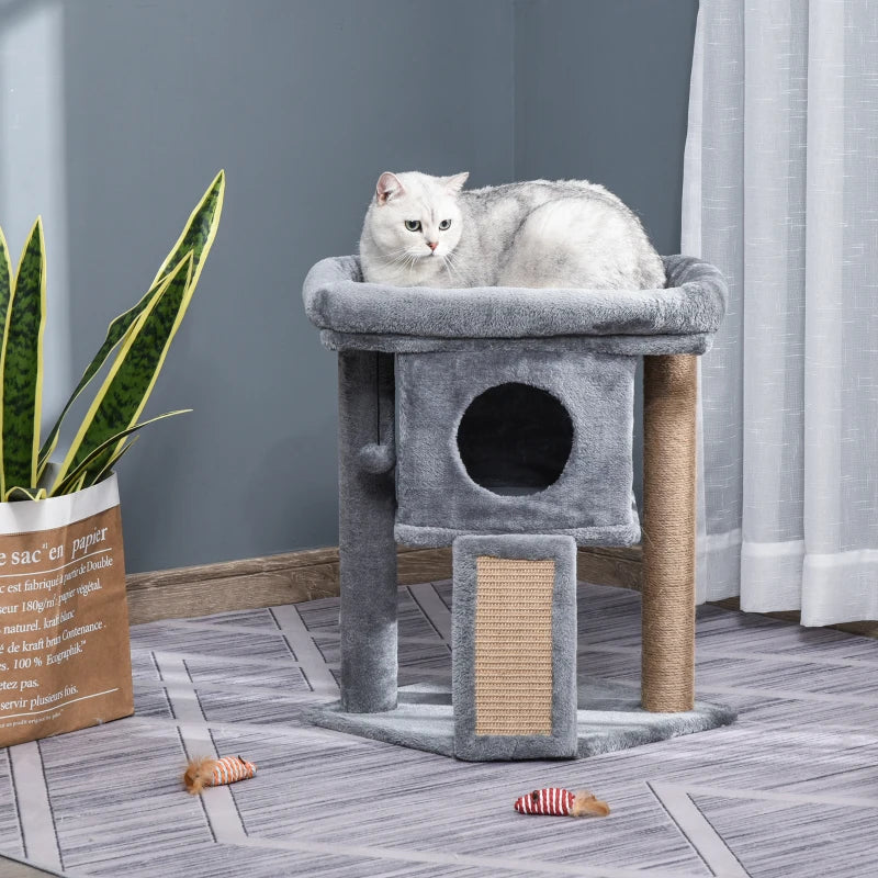 Grey Cat Tree Tower with Scratching Post and Toy Ball