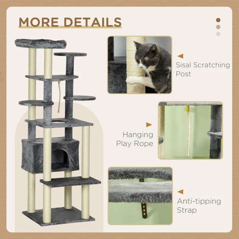 Modern Grey Cat Tree with Bed, Perches, Scratching Posts - 184cm