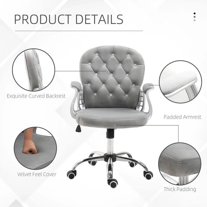 Grey Velvet Swivel Office Chair with Adjustable Height and Wheels