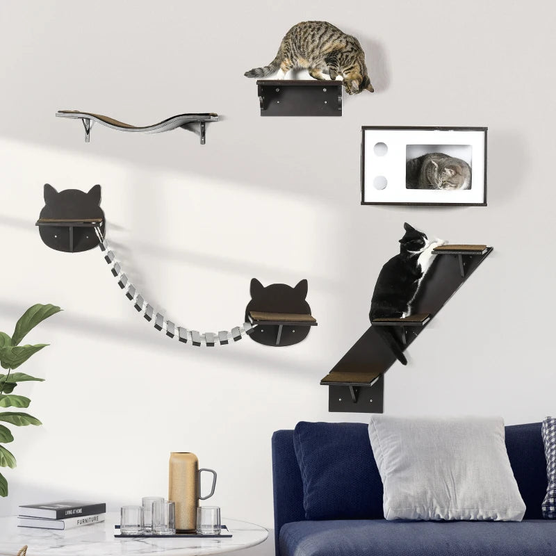 Brown Cat Wall Shelves Set - 5-Piece Wall-Mounted Cat Tree