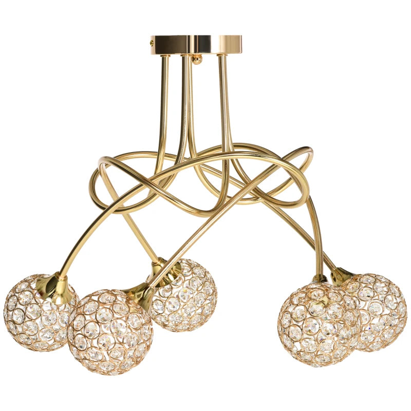 Modern Gold Crystal Chandelier with 5 Ball Lampshades - 5 G9 Bulbs