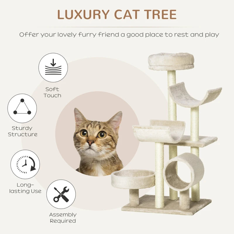 Beige Cat Tree Activity Center with Tunnel - 105cm Tall