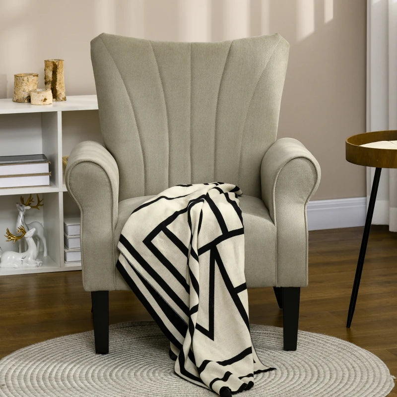 Beige Upholstered Accent Chair with High Back and Rolled Arms