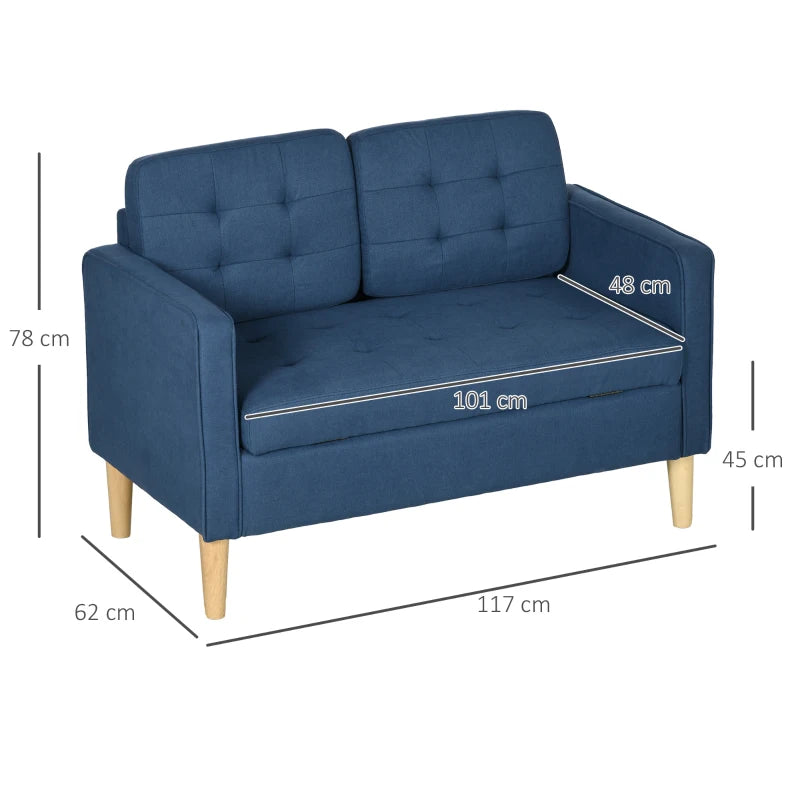Blue Tufted Loveseat Sofa with Hidden Storage, 2 Seater Compact Couch