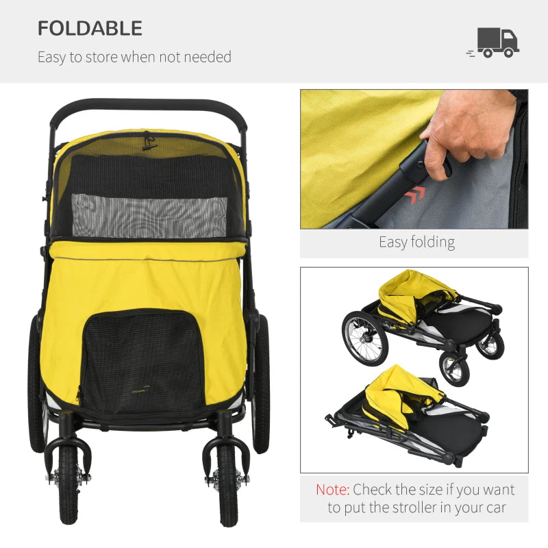 Yellow Foldable Pet Stroller with Washable Cushion & Storage Bags