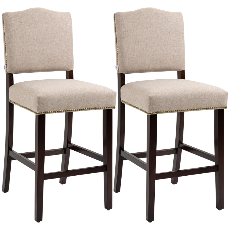 Beige Fabric Bar Stools Set of 2 with Backrest and Nailhead Trim