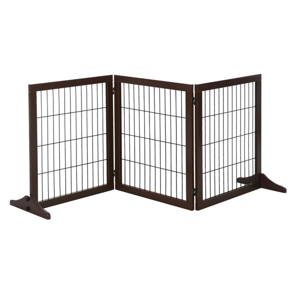 Brown 3-Panel Foldable Pet Gate with Pine Frame