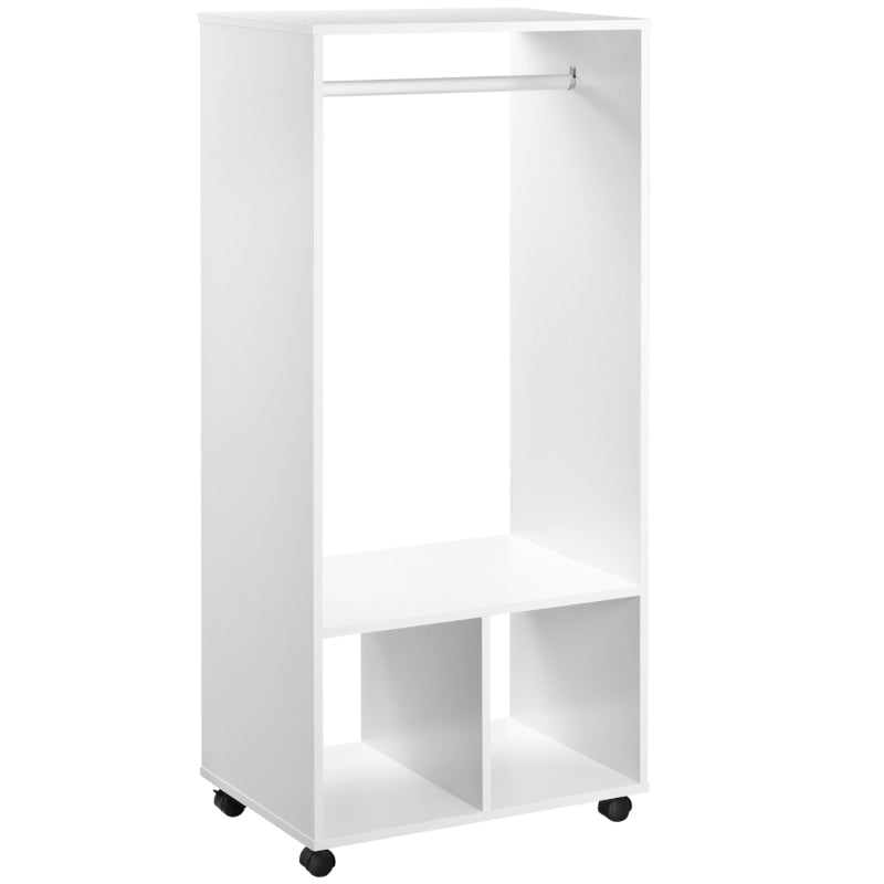 White Mobile Clothes Rack with Shelves and Rail