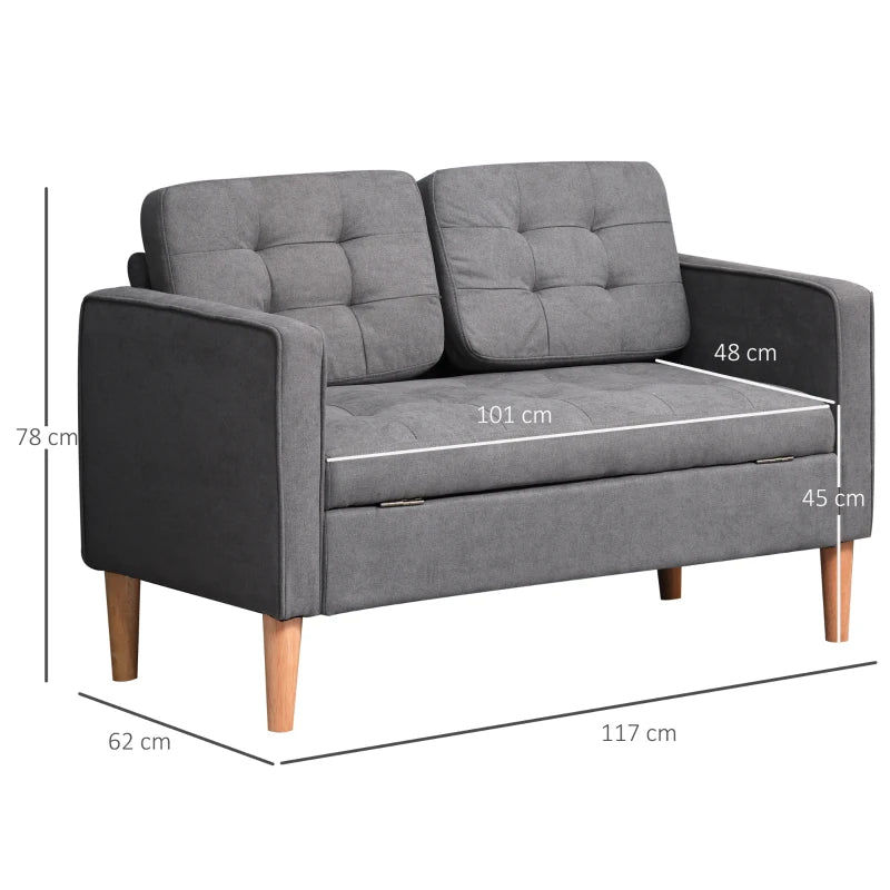Grey Tufted 2 Seater Sofa with Hidden Storage