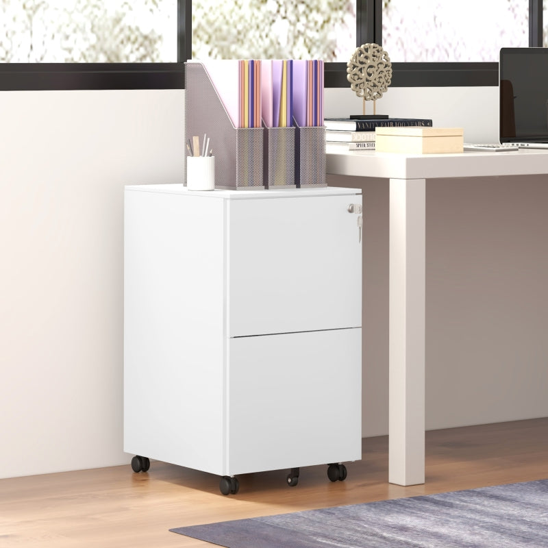 White 2-Drawer Steel Filing Cabinet with Lock and Wheels