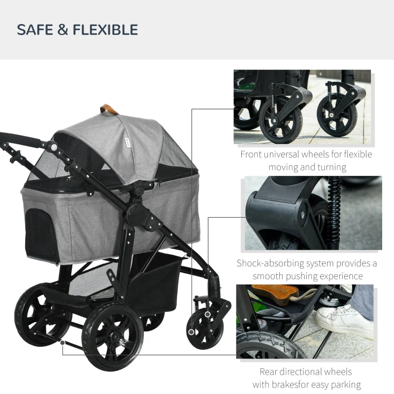 Grey Pet Stroller for Small Dogs and Cats with Detachable Carrier Bag